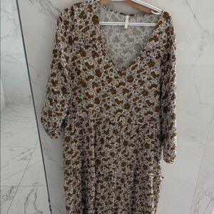 Floral V-Neck Midi Dress in Brown and Cream